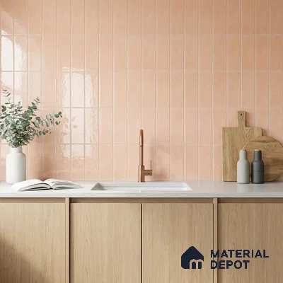 Modern Kitchen with Blush Pink Glossy Stacked Tile and Copper Faucet