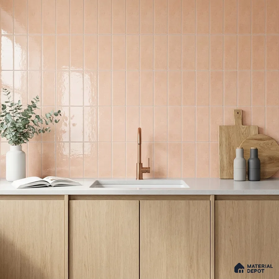 Modern Kitchen with Blush Pink Glossy Stacked Tile and Copper Faucet