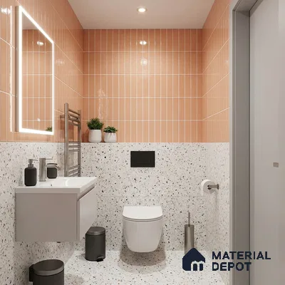 Modern Bathroom with Blush Pink Glossy Stacked Tile and Terrazzo Floor