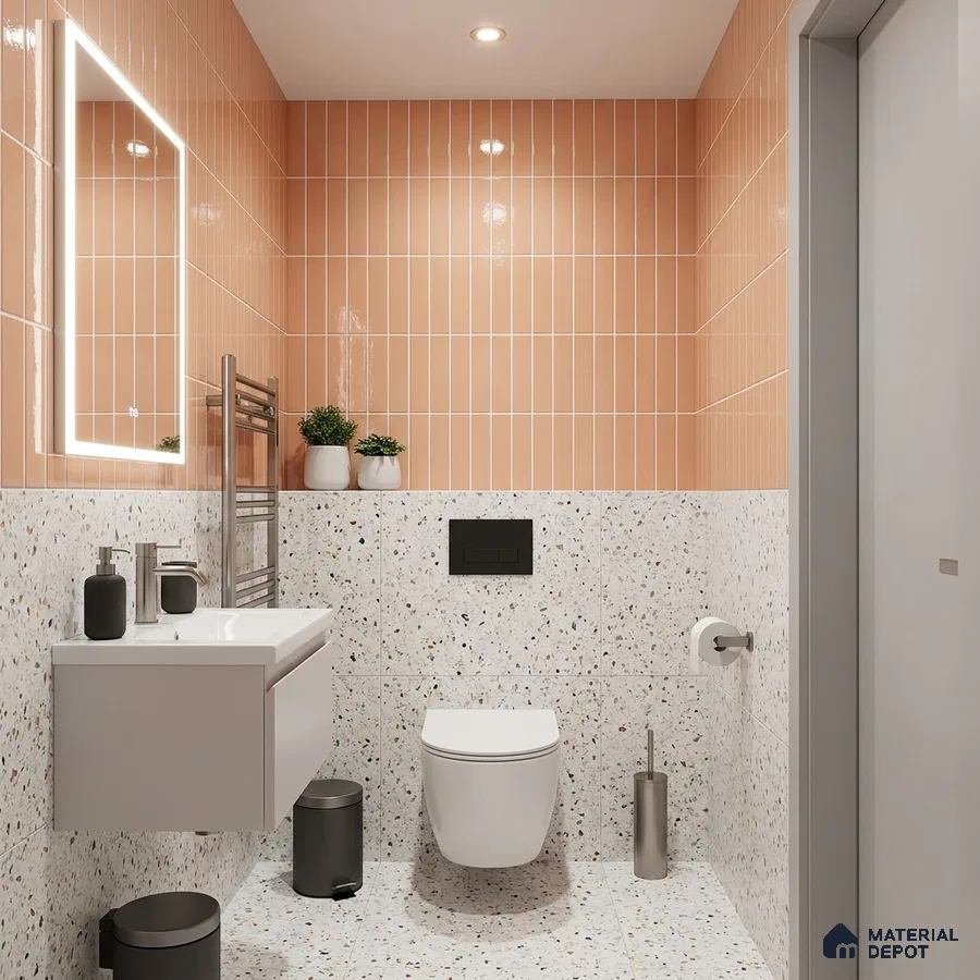 Modern Bathroom with Blush Pink Glossy Stacked Tile and Terrazzo Floor