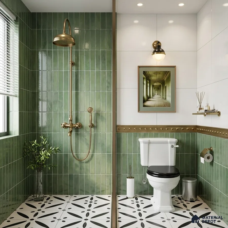 Modern bathroom with green vertical subway wall tiles and black-and-white geometric patterned floor tiles