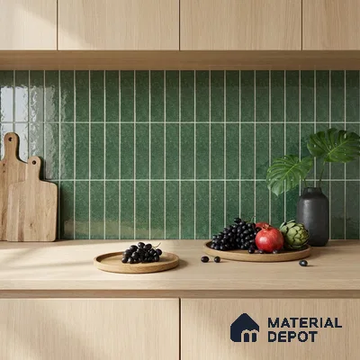 Modern Kitchen with Emerald Green Glossy Stacked Tile and Oak Cabinets