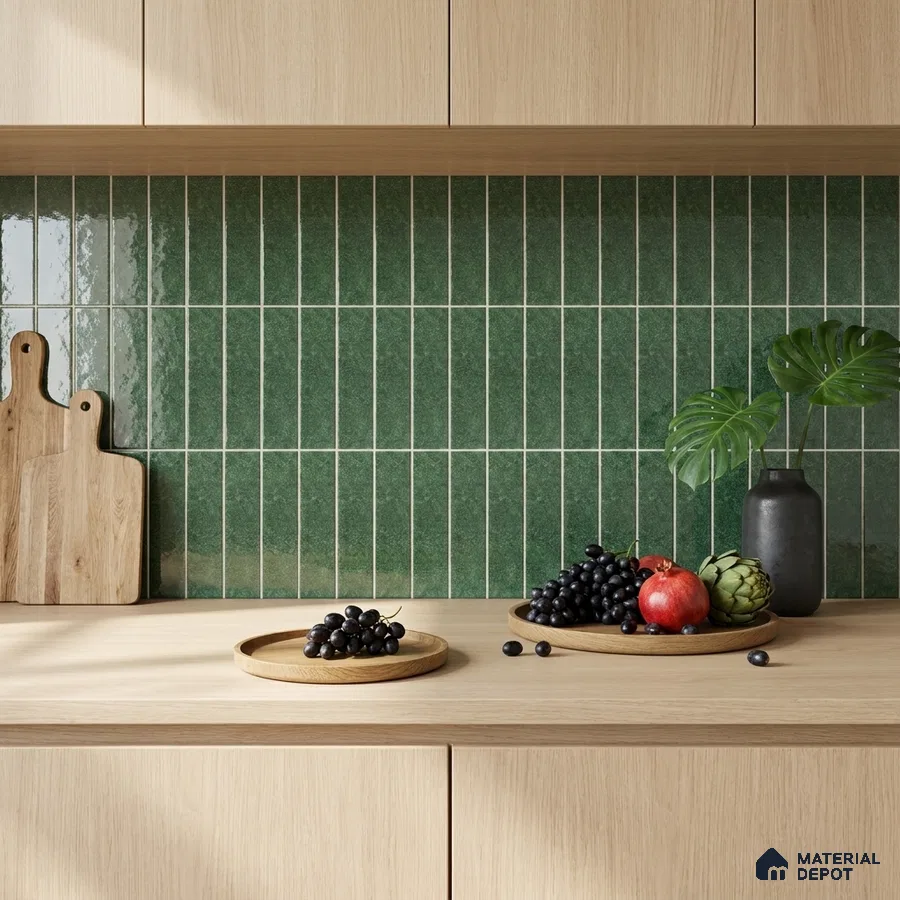 Modern Kitchen with Emerald Green Glossy Stacked Tile and Oak Cabinets