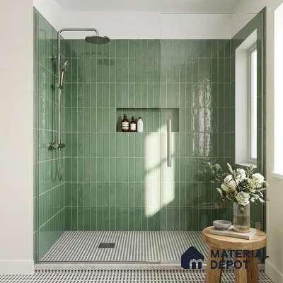 Modern Bathroom with Emerald Green Glossy Stacked Shower Tile