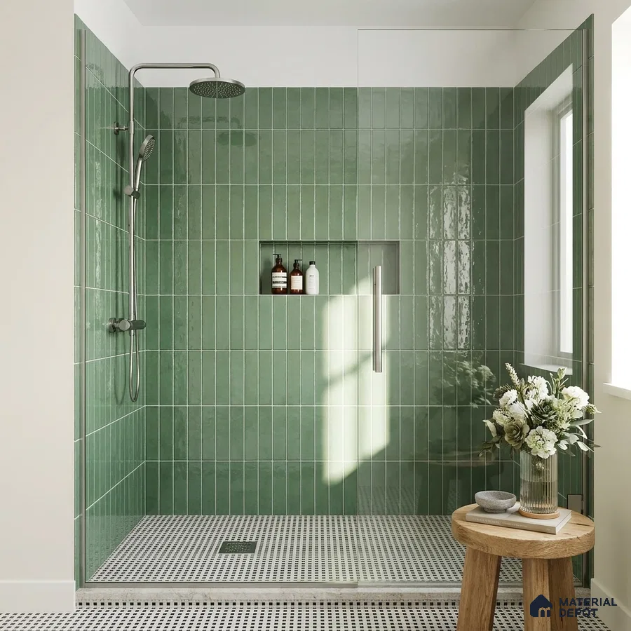 Modern Bathroom with Emerald Green Glossy Stacked Shower Tile