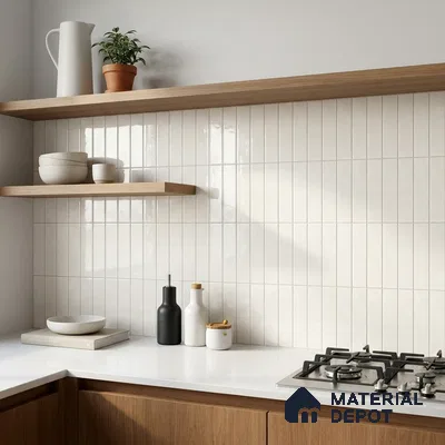 Scandinavian Kitchen with Cream Glossy Stacked Subway Tile and Oak Shelves