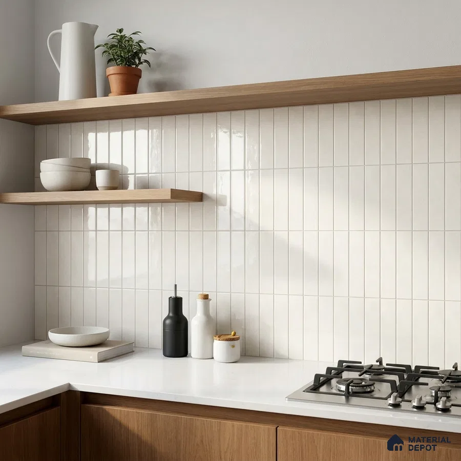 Scandinavian Kitchen with Cream Glossy Stacked Subway Tile and Oak Shelves