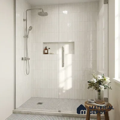 Scandinavian Bathroom with Cream Glossy Stacked Shower Tile