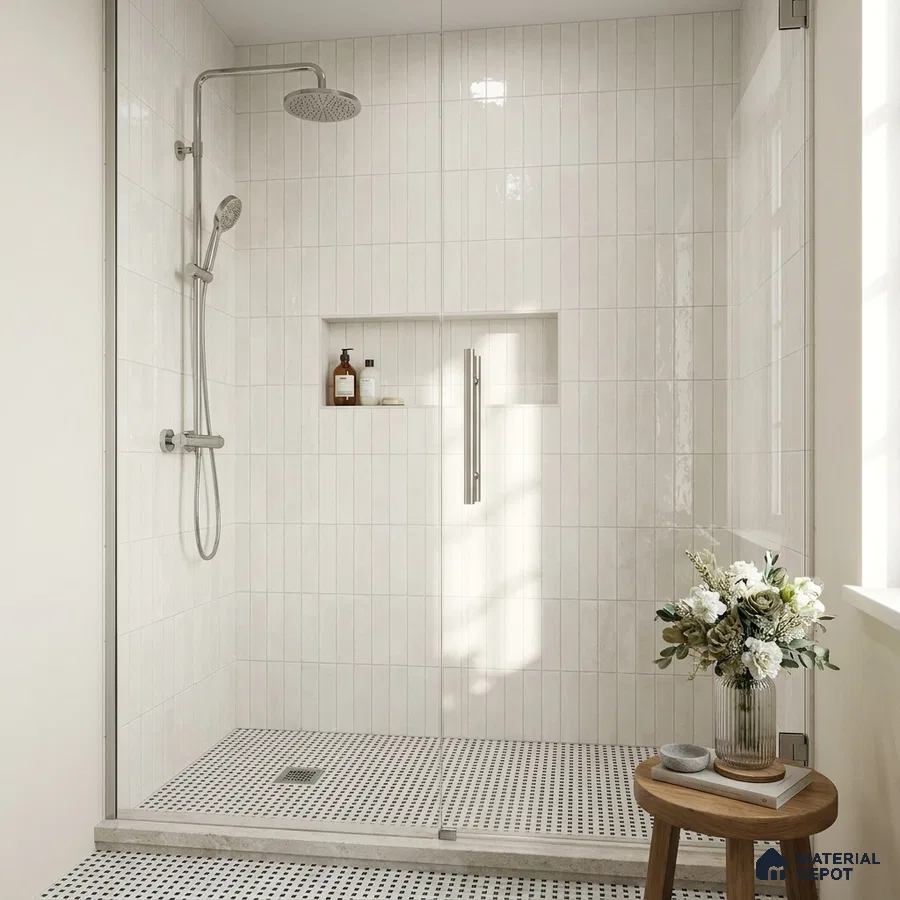 Scandinavian Bathroom with Cream Glossy Stacked Shower Tile