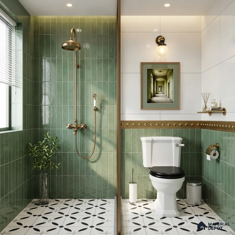 Modern bathroom with green vertical subway wall tiles and black-and-white geometric patterned floor tiles