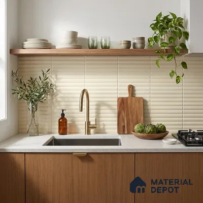 Modern Kitchen with Cream Fluted Matte Tile and Oak Cabinets