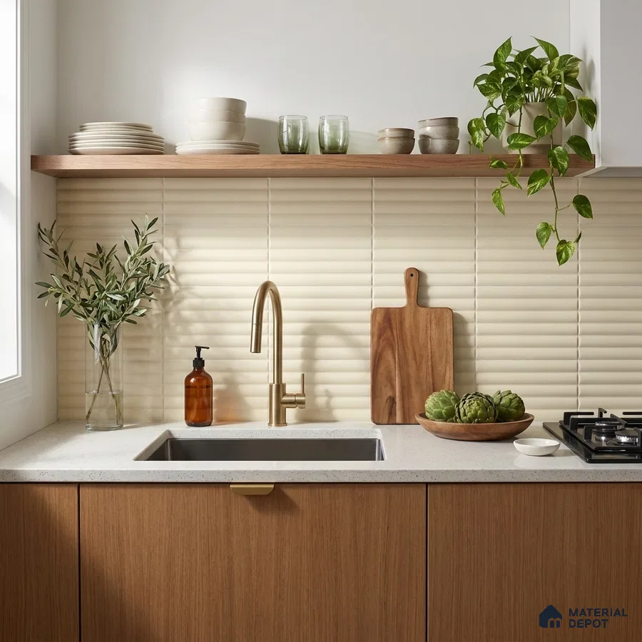 Modern Kitchen with Cream Fluted Matte Tile and Oak Cabinets