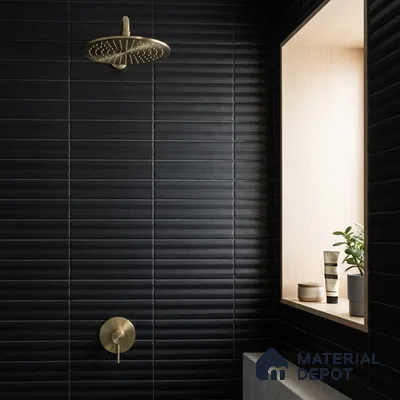 Modern Bathroom with Black Fluted Matte Shower Tile and Brass Fixtures