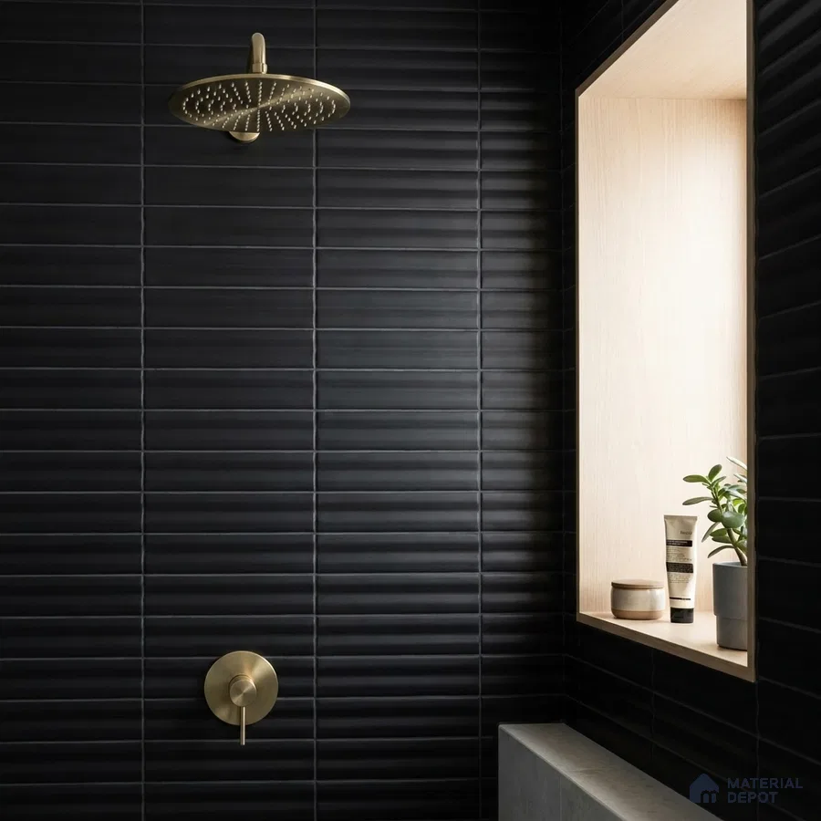 Modern Bathroom with Black Fluted Matte Shower Tile and Brass Fixtures