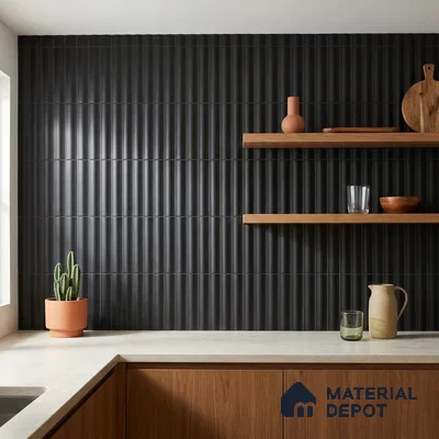 Modern Kitchen with Black Fluted Matte Tile and Walnut Cabinets