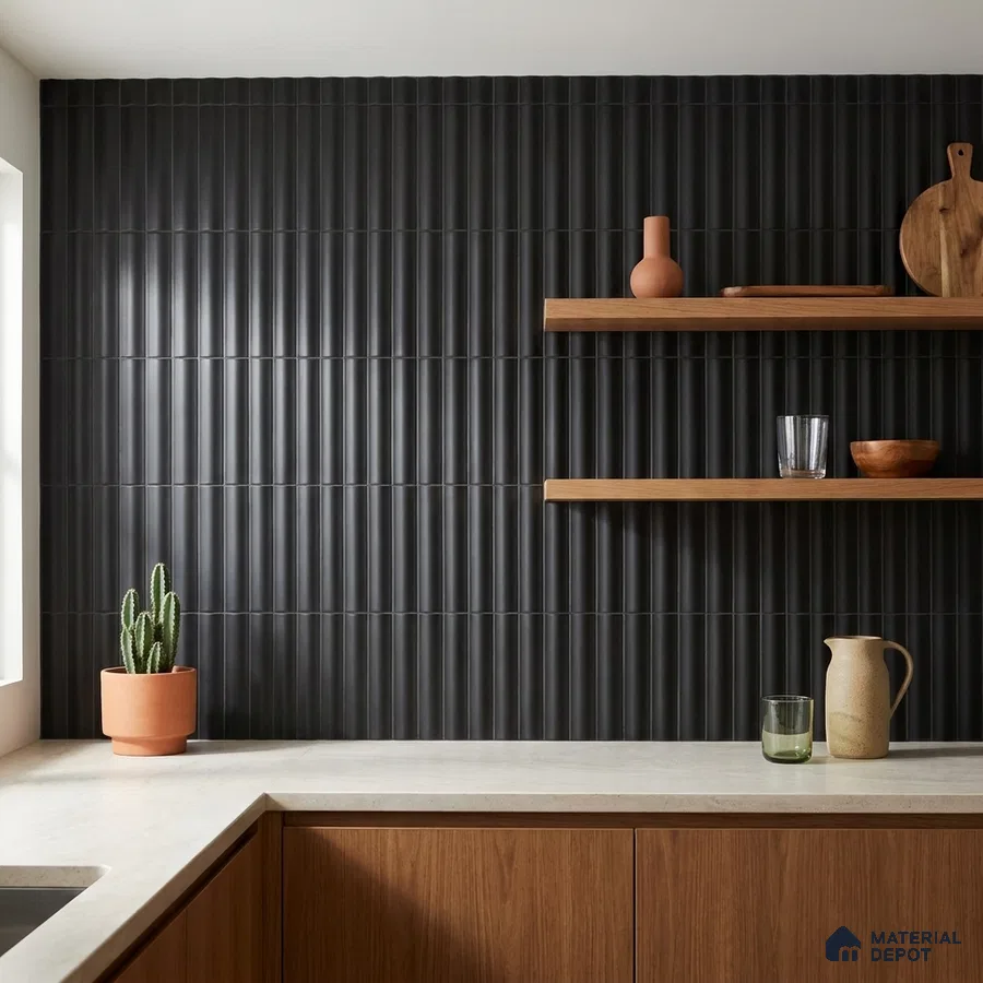 Modern Kitchen with Black Fluted Matte Tile and Walnut Cabinets