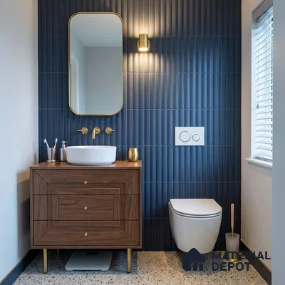 Mid-century Modern Bathroom with Navy Fluted Matte Tile and Walnut Vanity