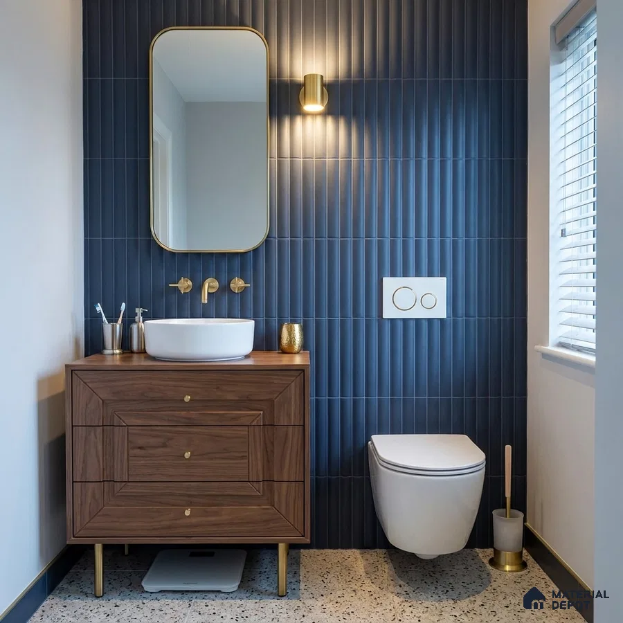 Mid-century Modern Bathroom with Navy Fluted Matte Tile and Walnut Vanity