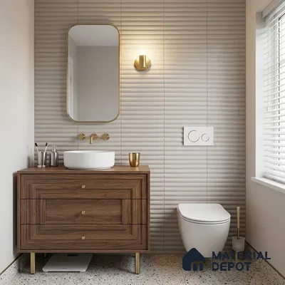 Modern Bathroom with Greige Fluted Matte Tile and Walnut Vanity