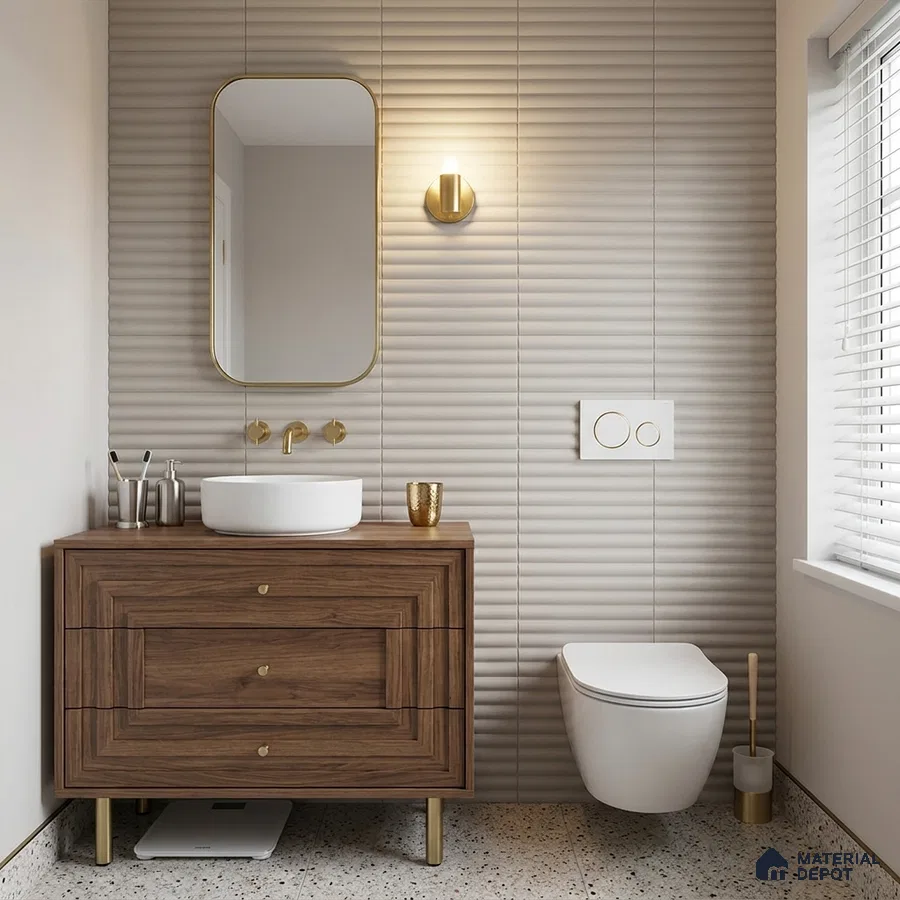 Modern Bathroom with Greige Fluted Matte Tile and Walnut Vanity