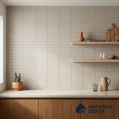 Minimalist Kitchen with Greige Fluted Matte Tile and Oak Cabinets