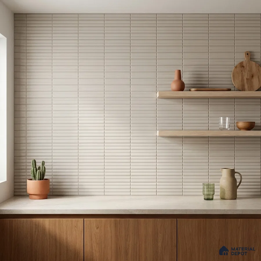 Minimalist Kitchen with Greige Fluted Matte Tile and Oak Cabinets