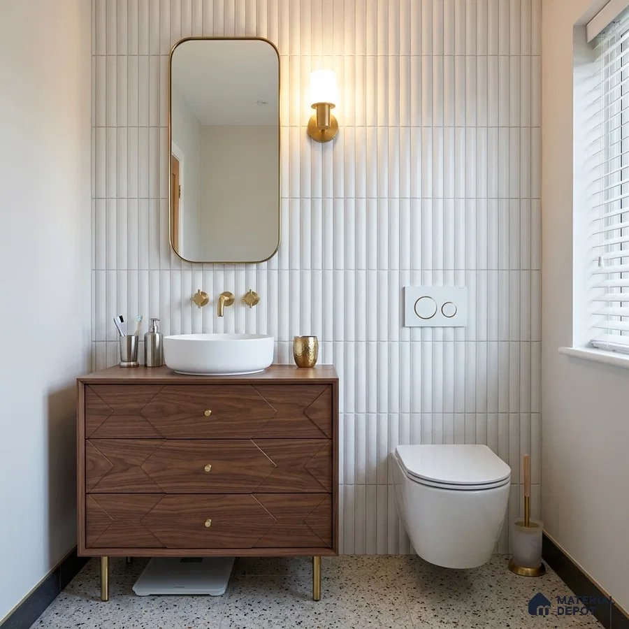 Mid-century Modern Bathroom with White Fluted Matte Tile and Walnut Vanity