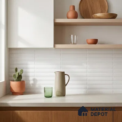 Minimalist Kitchen with White Fluted Matte Tile and Oak Cabinets