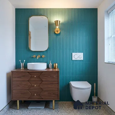 Mid-century Modern Bathroom with Teal Fluted Matte Tile and Walnut Vanity