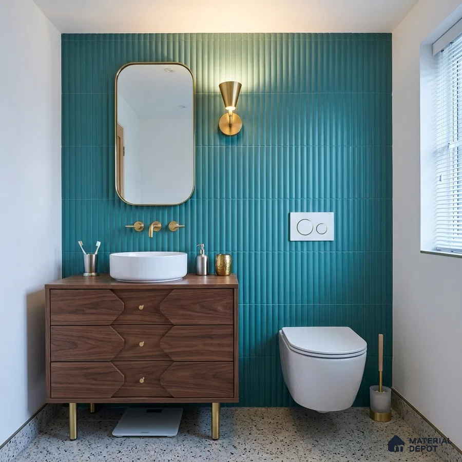 Mid-century Modern Bathroom with Teal Fluted Matte Tile and Walnut Vanity