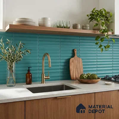 Modern Kitchen with Teal Fluted Matte Tile and Brass Faucet