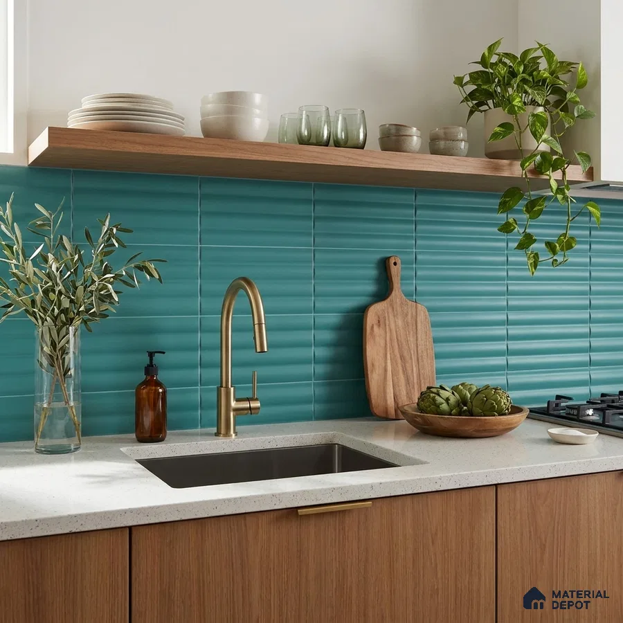 Modern Kitchen with Teal Fluted Matte Tile and Brass Faucet
