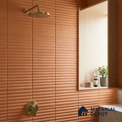 Mediterranean Bathroom with Terracotta Fluted Matte Shower Tile and Brass Fixtures