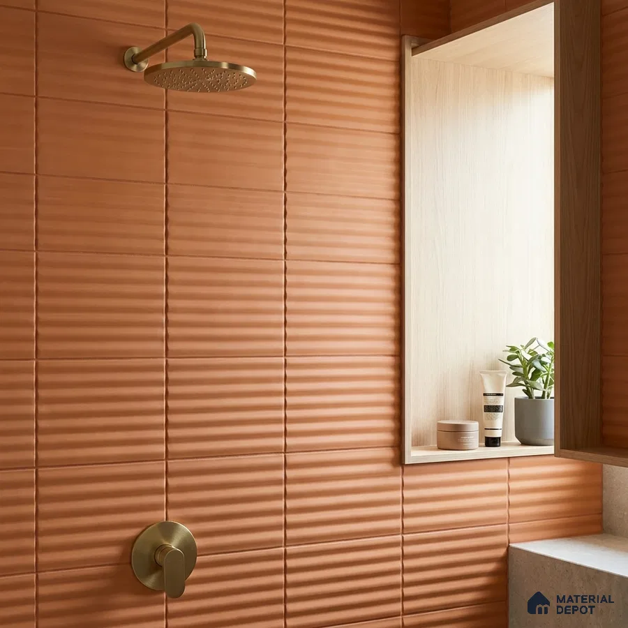 Mediterranean Bathroom with Terracotta Fluted Matte Shower Tile and Brass Fixtures