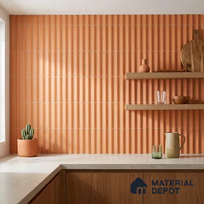 Mid-century Modern Kitchen with Terracotta Amber Fluted Subway Tile and Walnut Cabinets