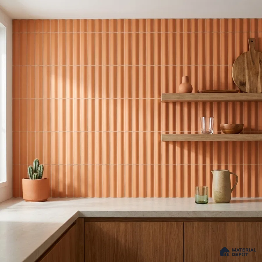 Mid-century Modern Kitchen with Terracotta Amber Fluted Subway Tile and Walnut Cabinets