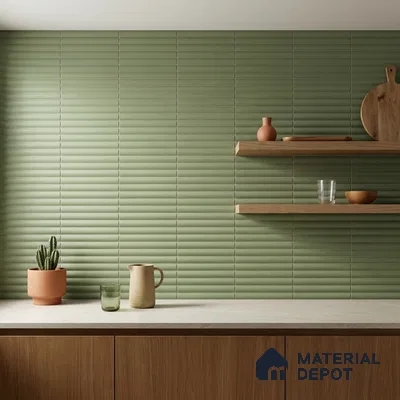 Mid-century Modern Kitchen with Sage Green Ribbed Subway Tile and Walnut Cabinets