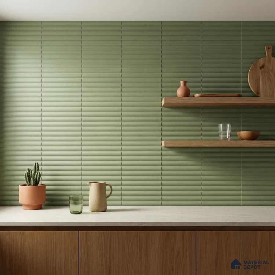 Mid-century Modern Kitchen with Sage Green Ribbed Subway Tile and Walnut Cabinets