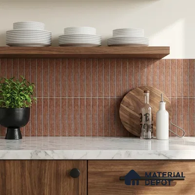 Modern Kitchen with Rust Terracotta Stacked Subway Tile and Walnut Cabinets