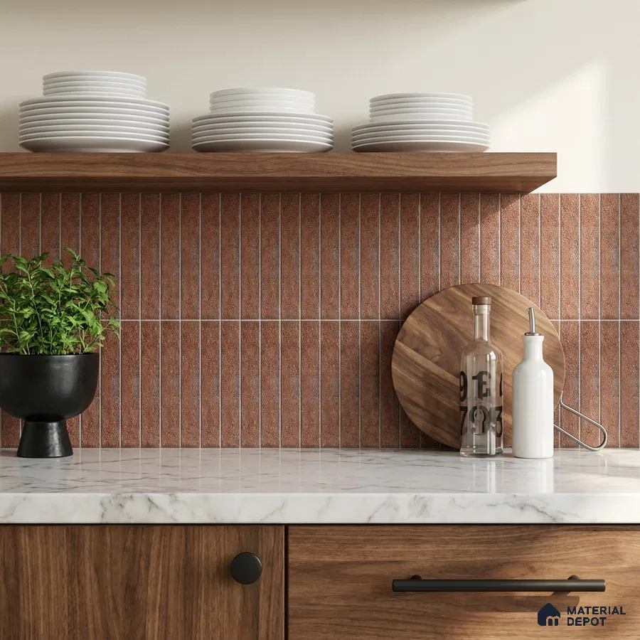 Modern Kitchen with Rust Terracotta Stacked Subway Tile and Walnut Cabinets