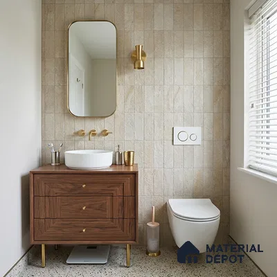 Mid-century Modern Bathroom with Beige Stone-Look Tile and Walnut Vanity