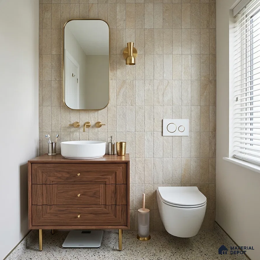 Mid-century Modern Bathroom with Beige Stone-Look Tile and Walnut Vanity