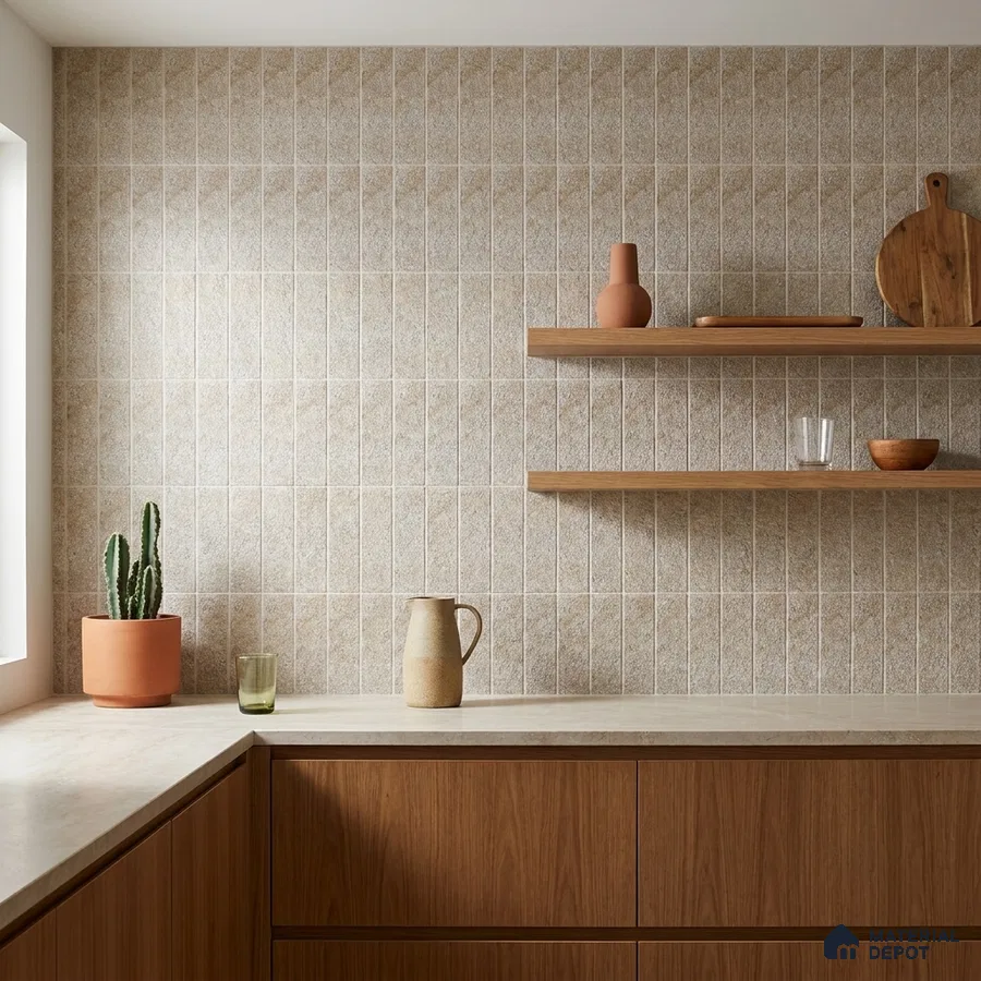 Modern Kitchen with Beige Stone-Look Subway Tile and Walnut Cabinets