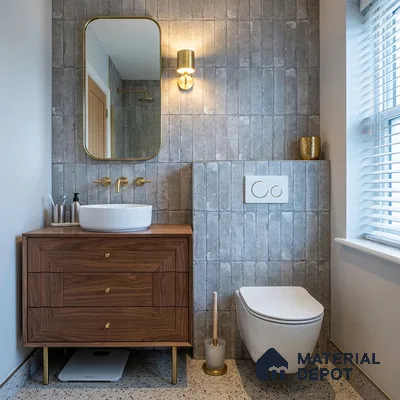 Mid-century Modern Bathroom with Grey Concrete-Look Tile and Walnut Vanity