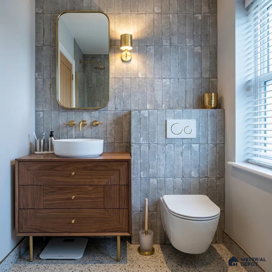 Mid-century Modern Bathroom with Grey Concrete-Look Tile and Walnut Vanity