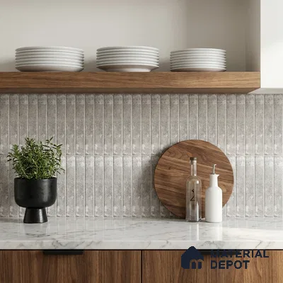 Modern Kitchen with Grey Concrete-Look Stacked Subway Tile and Walnut Cabinets