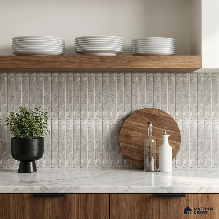 Modern Kitchen with Grey Concrete-Look Stacked Subway Tile and Walnut Cabinets
