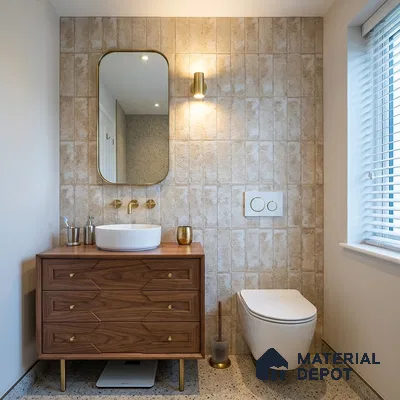 Mid-century Modern Bathroom with Cream Stone-Look Tile and Walnut Vanity