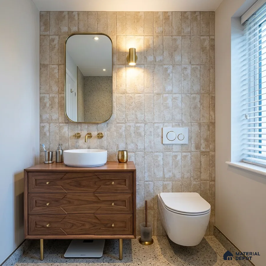 Mid-century Modern Bathroom with Cream Stone-Look Tile and Walnut Vanity