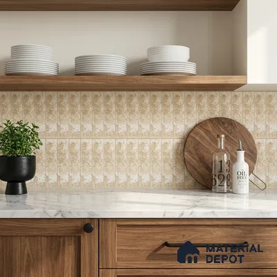 Modern Kitchen with Cream Stone-Look Subway Tile and Walnut Cabinets
